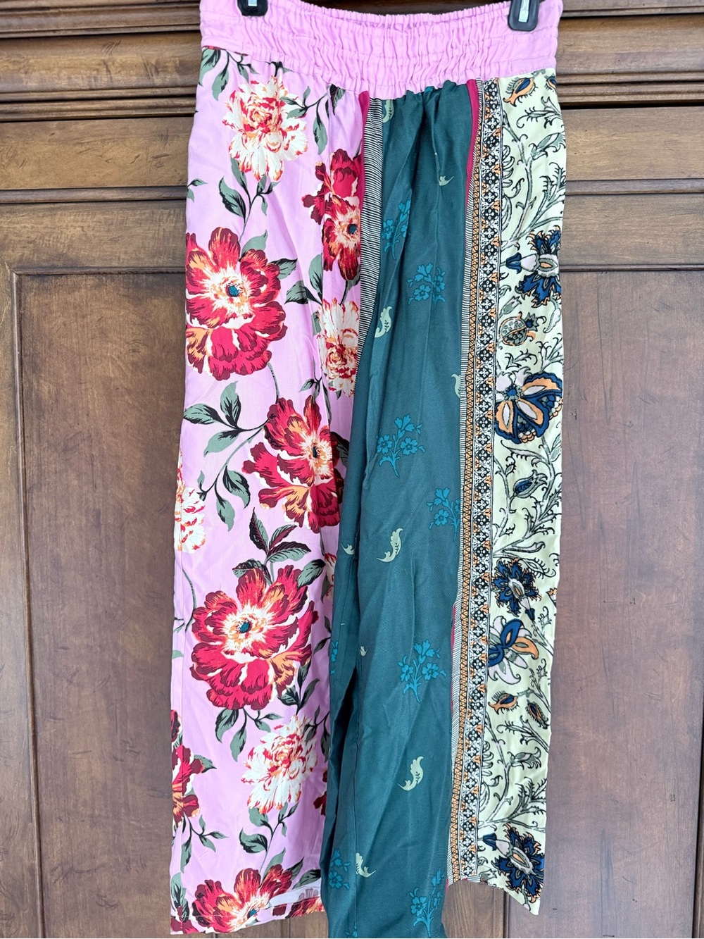 Anthropologie Pink & Teal Floral Patchwork Wide-Leg Pants